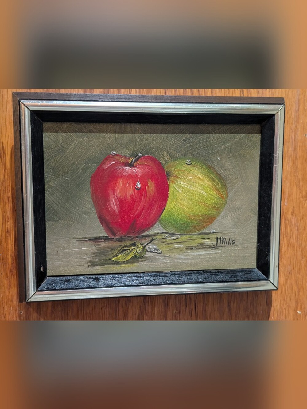 Original Petite Still Life Apple Painting by J. Mills - Red & Green
